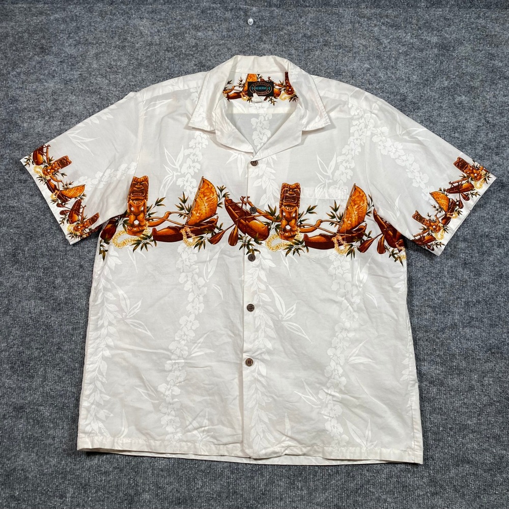 Hawaiian Reserve Collection Tiki Outrigger Canoe Shirt Mens Large White Cotton